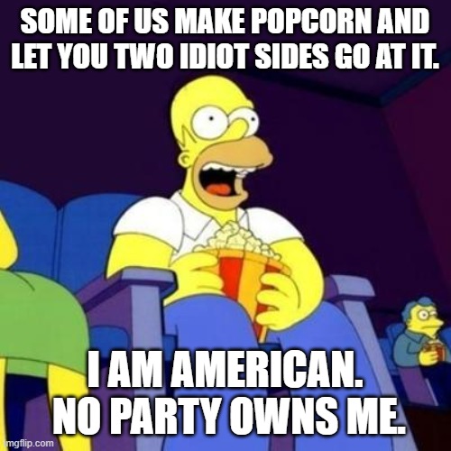 Homer eating popcorn | SOME OF US MAKE POPCORN AND LET YOU TWO IDIOT SIDES GO AT IT. I AM AMERICAN.  NO PARTY OWNS ME. | image tagged in homer eating popcorn | made w/ Imgflip meme maker