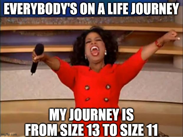 Oprah You Get A | EVERYBODY'S ON A LIFE JOURNEY; MY JOURNEY IS FROM SIZE 13 TO SIZE 11 | image tagged in memes,oprah you get a | made w/ Imgflip meme maker