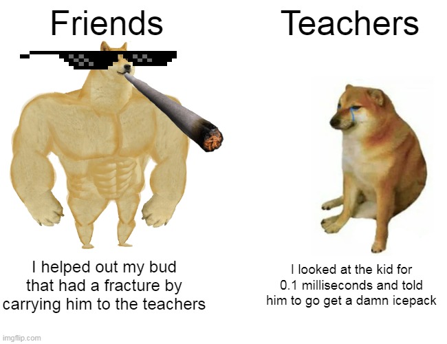 Buff Doge vs. Cheems | Friends; Teachers; I helped out my bud that had a fracture by carrying him to the teachers; I looked at the kid for 0.1 milliseconds and told him to go get a damn icepack | image tagged in memes,buff doge vs cheems | made w/ Imgflip meme maker