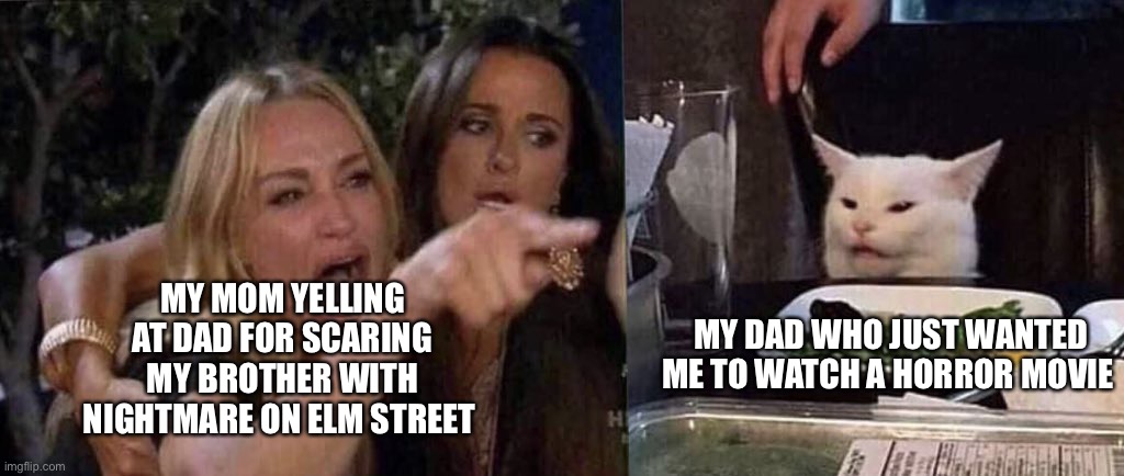 True story. Now my 6-year old brother can barely sleep in his own room with bawling his eyes out | MY MOM YELLING AT DAD FOR SCARING MY BROTHER WITH NIGHTMARE ON ELM STREET; MY DAD WHO JUST WANTED ME TO WATCH A HORROR MOVIE | image tagged in woman yelling at cat | made w/ Imgflip meme maker