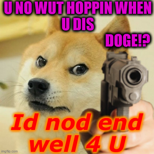 Doge holding a gun | U NO WUT HOPPIN WHEN
U DIS
                                    DOGE!? Id nod end
well 4 U | image tagged in doge holding a gun | made w/ Imgflip meme maker