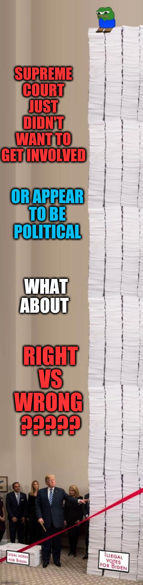 It takes a RIGGED ELECTION to trump TRUMP | SUPREME COURT JUST DIDN'T WANT TO GET INVOLVED; OR APPEAR TO BE POLITICAL; RIGHT VS WRONG 
????? WHAT ABOUT | image tagged in politics,political meme,donald trump,voter fraud,election fraud,cheating | made w/ Imgflip meme maker