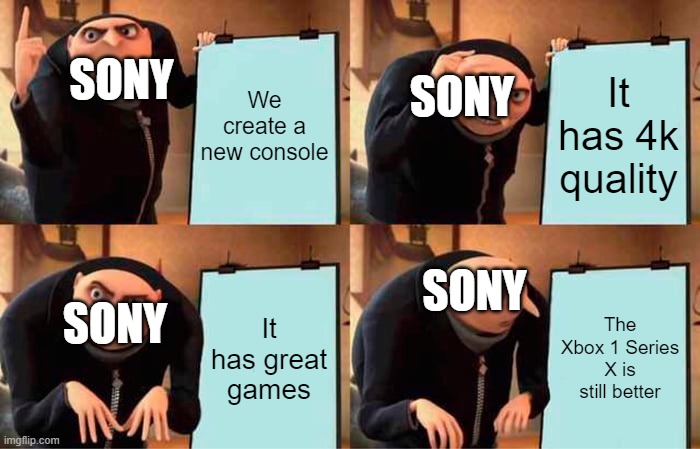 Gru's Plan Meme | SONY; SONY; We create a new console; It has 4k quality; SONY; SONY; It has great games; The Xbox 1 Series X is still better | image tagged in memes,gru's plan | made w/ Imgflip meme maker