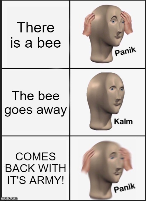 Scary bee Army | There is a bee; The bee goes away; COMES BACK WITH IT'S ARMY! | image tagged in memes,panik kalm panik,relateable,bees,sad | made w/ Imgflip meme maker