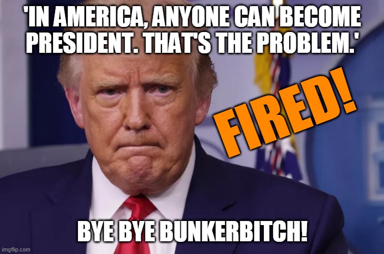 bah bye bunkerbitch! enjoy that grand jury indictment. | 'IN AMERICA, ANYONE CAN BECOME PRESIDENT. THAT'S THE PROBLEM.'; FIRED! BYE BYE BUNKERBITCH! | image tagged in trumptard | made w/ Imgflip meme maker