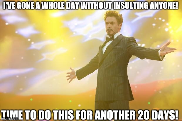 I'm so proud of myself | I'VE GONE A WHOLE DAY WITHOUT INSULTING ANYONE! TIME TO DO THIS FOR ANOTHER 20 DAYS! | image tagged in tony stark success | made w/ Imgflip meme maker
