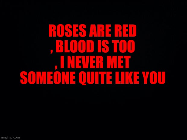 Black background | ROSES ARE RED , BLOOD IS TOO , I NEVER MET SOMEONE QUITE LIKE YOU | image tagged in black background | made w/ Imgflip meme maker