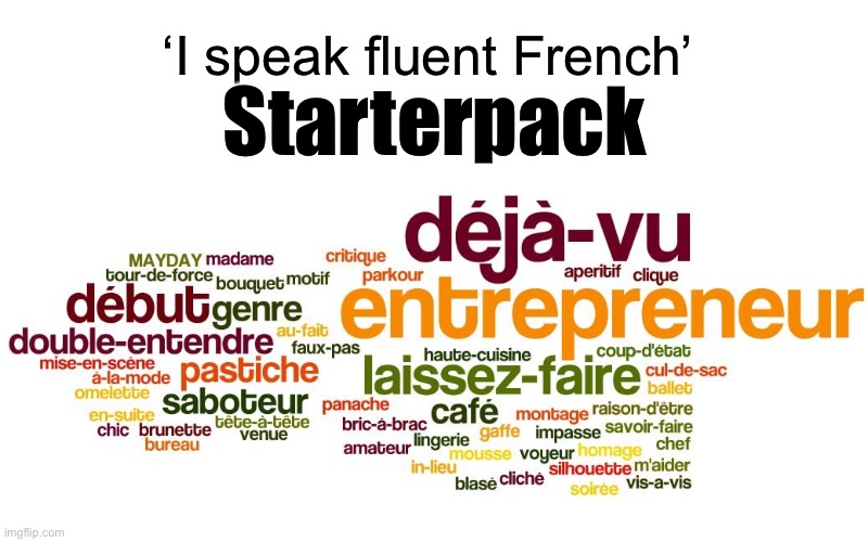 Saying you speak French | ‘I speak fluent French’; Starterpack | image tagged in french,bullshit,frenchie,france,dummy,francais | made w/ Imgflip meme maker