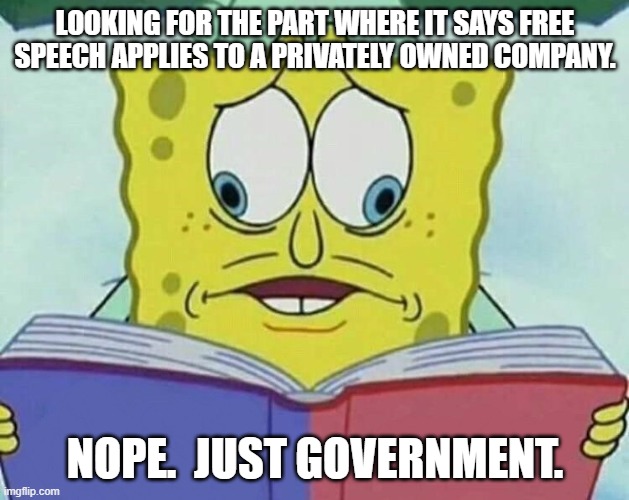 cross eyed spongebob | LOOKING FOR THE PART WHERE IT SAYS FREE SPEECH APPLIES TO A PRIVATELY OWNED COMPANY. NOPE.  JUST GOVERNMENT. | image tagged in cross eyed spongebob | made w/ Imgflip meme maker