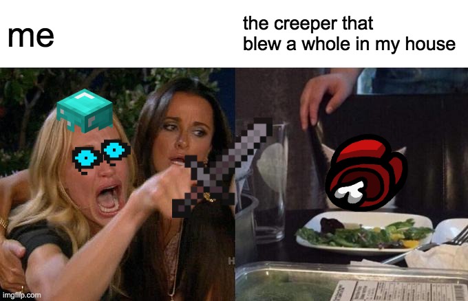 Woman Yelling At Cat | me; the creeper that blew a whole in my house | image tagged in memes,woman yelling at cat | made w/ Imgflip meme maker