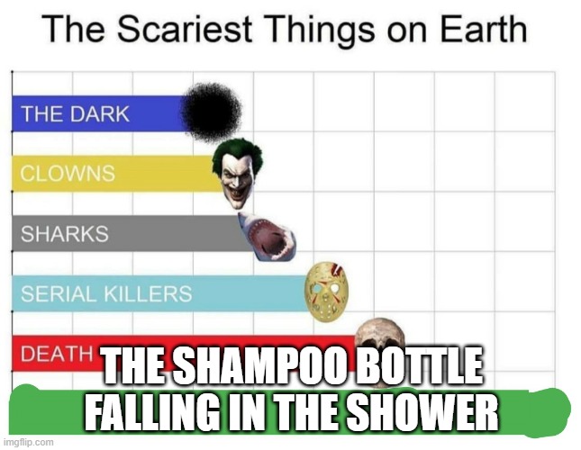 I got jump scared | THE SHAMPOO BOTTLE FALLING IN THE SHOWER | image tagged in scariest things on earth | made w/ Imgflip meme maker