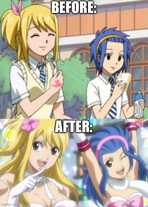 Fairy Tail glow up challenge | BEFORE:; -ChristinaO; AFTER: | image tagged in fairy tail,fairy tail guild,fairy tail meme,before and after,before after,glow up challenge anime | made w/ Imgflip meme maker