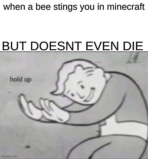 Fallout hold up with space on the top | when a bee stings you in minecraft; BUT DOESNT EVEN DIE | image tagged in fallout hold up with space on the top | made w/ Imgflip meme maker