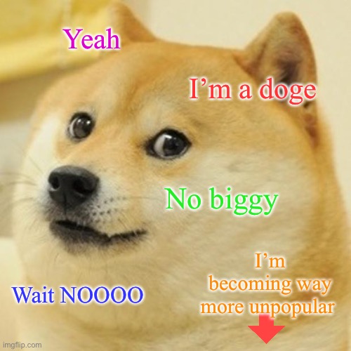 Use the doge meme more pls |  Yeah; I’m a doge; No biggy; I’m becoming way more unpopular; Wait NOOOO | image tagged in doge,sad | made w/ Imgflip meme maker