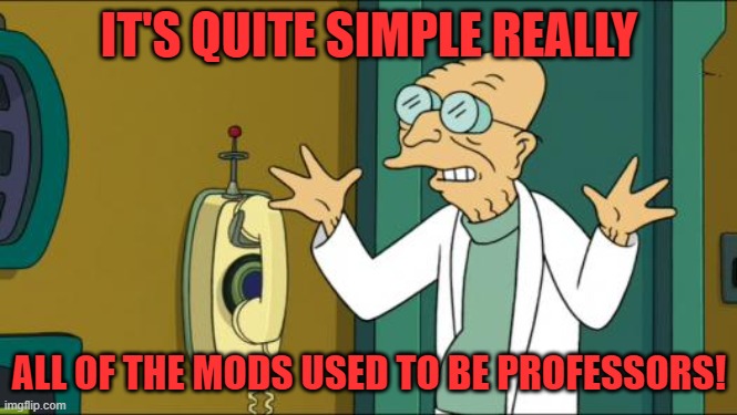 Futurama Professor | IT'S QUITE SIMPLE REALLY ALL OF THE MODS USED TO BE PROFESSORS! | image tagged in futurama professor | made w/ Imgflip meme maker