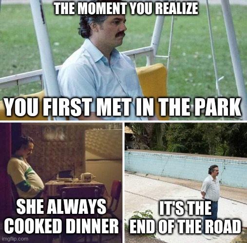 Not realizing what you have until it's gone | THE MOMENT YOU REALIZE; YOU FIRST MET IN THE PARK; SHE ALWAYS COOKED DINNER; IT'S THE END OF THE ROAD | image tagged in memes,sad pablo escobar | made w/ Imgflip meme maker