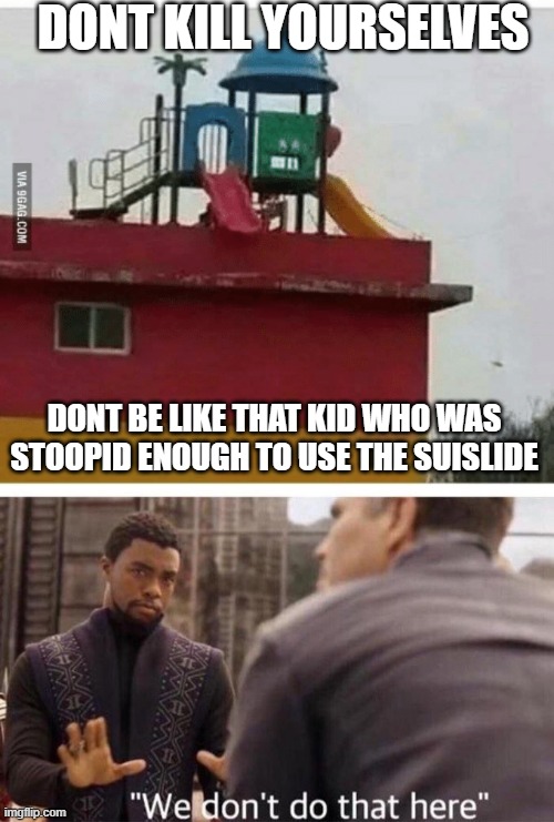 DONT KILL YOURSELVES; DONT BE LIKE THAT KID WHO WAS STOOPID ENOUGH TO USE THE SUISLIDE | image tagged in we dont do that here | made w/ Imgflip meme maker