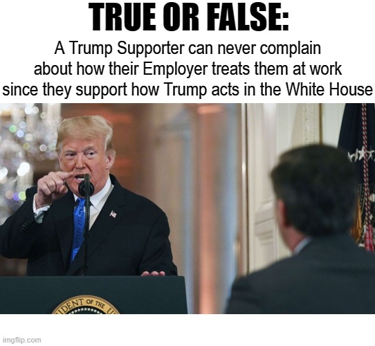 TRUE OR FALSE:; A Trump Supporter can never complain about how their Employer treats them at work since they support how Trump acts in the White House; COVELL BELLAMY III | image tagged in trump supporter true or false | made w/ Imgflip meme maker