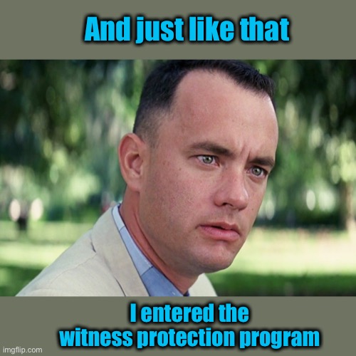And Just Like That Meme | And just like that I entered the witness protection program | image tagged in memes,and just like that | made w/ Imgflip meme maker