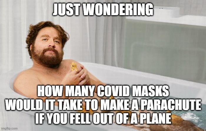 Zach's Shower Thoughts | JUST WONDERING; HOW MANY COVID MASKS WOULD IT TAKE TO MAKE A PARACHUTE IF YOU FELL OUT OF A PLANE | image tagged in zach's shower thoughts | made w/ Imgflip meme maker