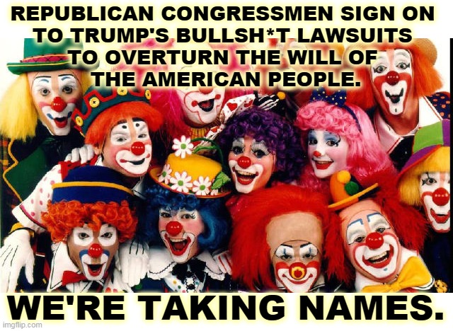 Biden won clearly and cleanly. Suck it up, buttercup. | REPUBLICAN CONGRESSMEN SIGN ON 
TO TRUMP'S BULLSH*T LAWSUITS 
TO OVERTURN THE WILL OF 
THE AMERICAN PEOPLE. WE'RE TAKING NAMES. | image tagged in gop,republican,congress,snowflakes | made w/ Imgflip meme maker
