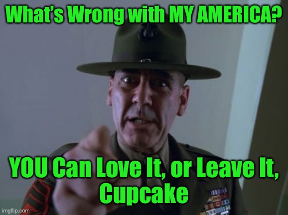 Sergeant Hartmann | What’s Wrong with MY AMERICA? YOU Can Love It, or Leave It,
Cupcake | image tagged in memes,sergeant hartmann | made w/ Imgflip meme maker