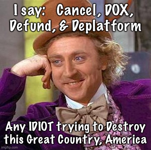 Creepy Condescending Wonka Meme | I say:   Cancel, DOX, 
Defund, & Deplatform; Any IDIOT trying to Destroy this Great Country, America | image tagged in memes,creepy condescending wonka | made w/ Imgflip meme maker