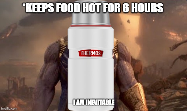 Food staying hot in a thermos, is like Thanos... Inevitable | *KEEPS FOOD HOT FOR 6 HOURS; I AM INEVITABLE | image tagged in avengers endgame,avengers infinity war,thanos,food memes,memes,cooking | made w/ Imgflip meme maker