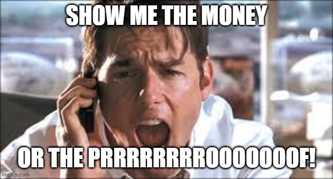 Show me the money | SHOW ME THE MONEY OR THE PRRRRRRRROOOOOOOF! | image tagged in show me the money | made w/ Imgflip meme maker