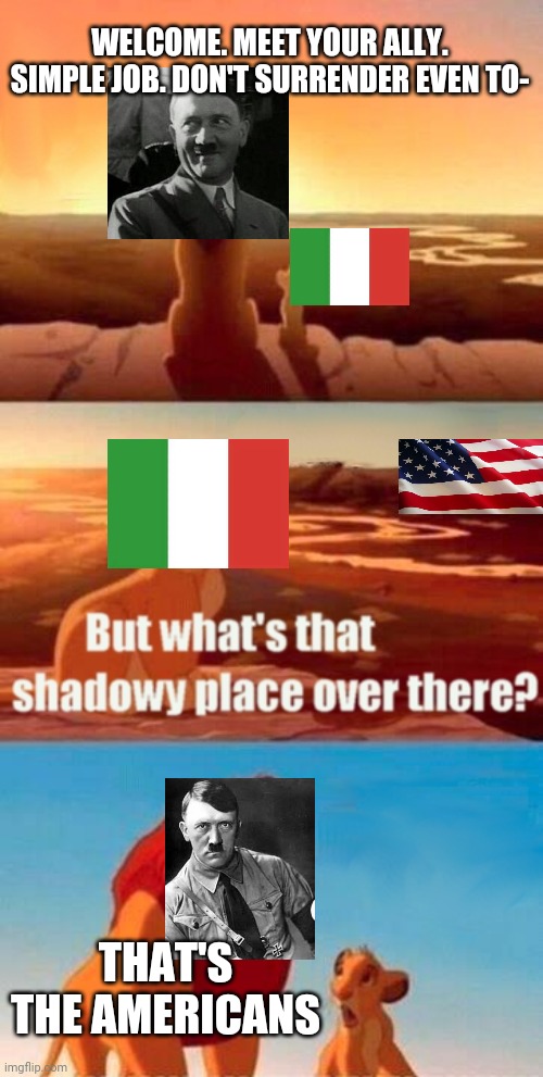 Germany meeting Italy be like: | WELCOME. MEET YOUR ALLY. SIMPLE JOB. DON'T SURRENDER EVEN TO-; THAT'S THE AMERICANS | image tagged in memes,simba shadowy place | made w/ Imgflip meme maker