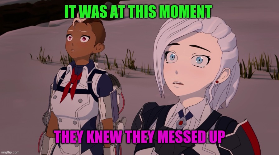 Rwby Volume 8 Chapter 6 Harriet and Winter | IT WAS AT THIS MOMENT; THEY KNEW THEY MESSED UP | image tagged in rwby volume 8 chapter 6 harriet and winter | made w/ Imgflip meme maker