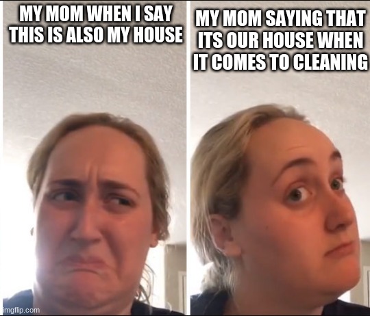 true | MY MOM SAYING THAT ITS OUR HOUSE WHEN IT COMES TO CLEANING; MY MOM WHEN I SAY THIS IS ALSO MY HOUSE | image tagged in kombucha girl,lol | made w/ Imgflip meme maker