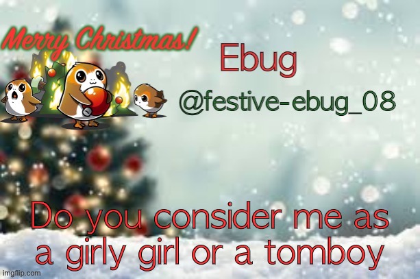 Idk lol | Do you consider me as a girly girl or a tomboy | image tagged in ebug christmas announcement | made w/ Imgflip meme maker