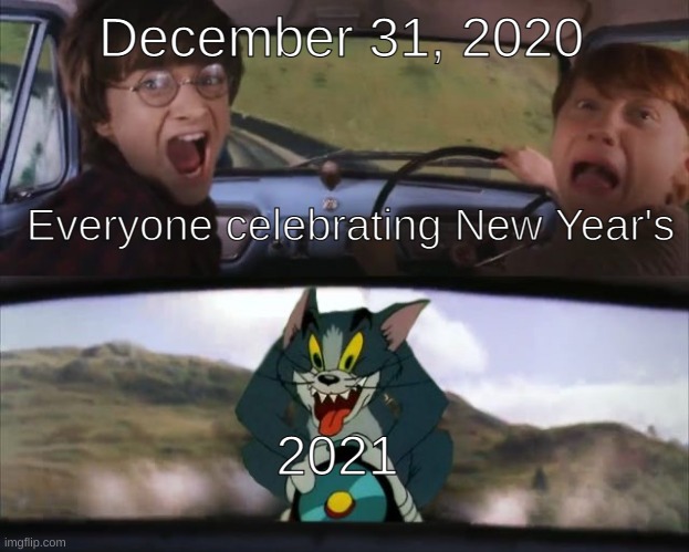 Tom chasing Harry and Ron Weasly | December 31, 2020; Everyone celebrating New Year's; 2021 | image tagged in tom chasing harry and ron weasly | made w/ Imgflip meme maker
