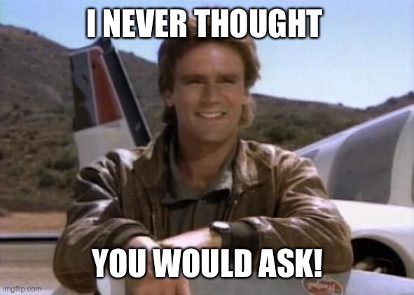 Mcgyver | I NEVER THOUGHT YOU WOULD ASK! | image tagged in mcgyver | made w/ Imgflip meme maker