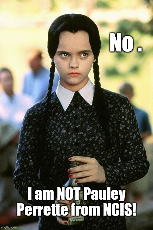 Wednesday ... is not Pauley Perrette. | No . I am NOT Pauley Perrette from NCIS! | image tagged in pauley perrette,wednesday addams,ncis,abby sciuto | made w/ Imgflip meme maker