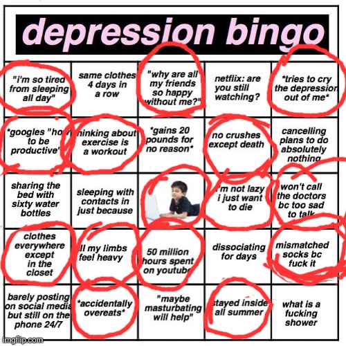 Depression bingo | image tagged in depression bingo | made w/ Imgflip meme maker