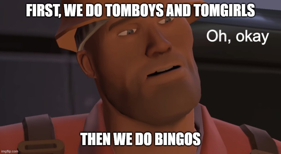 Oh, okay | FIRST, WE DO TOMBOYS AND TOMGIRLS; THEN WE DO BINGOS | image tagged in oh okay | made w/ Imgflip meme maker