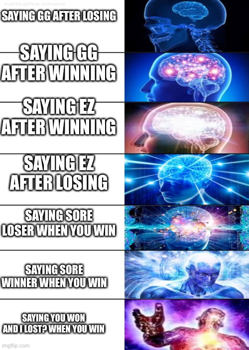 Winner or Loser of what to say | SAYING GG AFTER LOSING; SAYING GG AFTER WINNING; SAYING EZ AFTER WINNING; SAYING EZ AFTER LOSING; SAYING SORE LOSER WHEN YOU WIN; SAYING SORE WINNER WHEN YOU WIN; SAYING YOU WON AND I LOST? WHEN YOU WIN | image tagged in 7-tier expanding brain,winner,loser | made w/ Imgflip meme maker