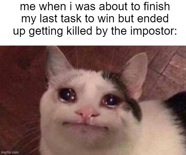 Last task to finish before i get sliced im half | me when i was about to finish my last task to win but ended up getting killed by the impostor: | image tagged in among us memes | made w/ Imgflip meme maker