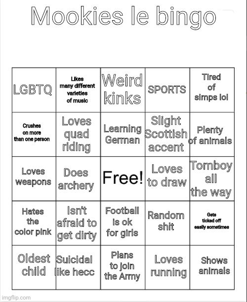 Bingo bitches | Mookies le bingo; Weird kinks; Likes many different varieties of music; Tired of simps lol; LGBTQ; SPORTS; Learning German; Crushes on more than one person; Plenty of animals; Slight Scottish accent; Loves quad riding; Loves to draw; Loves weapons; Tomboy all the way; Does archery; Hates the color pink; Isn't afraid to get dirty; Gets ticked off easily sometimes; Random shit; Football is ok for girls; Suicidal like hecc; Shows animals; Oldest child; Plans to join the Army; Loves running | image tagged in blank bingo | made w/ Imgflip meme maker