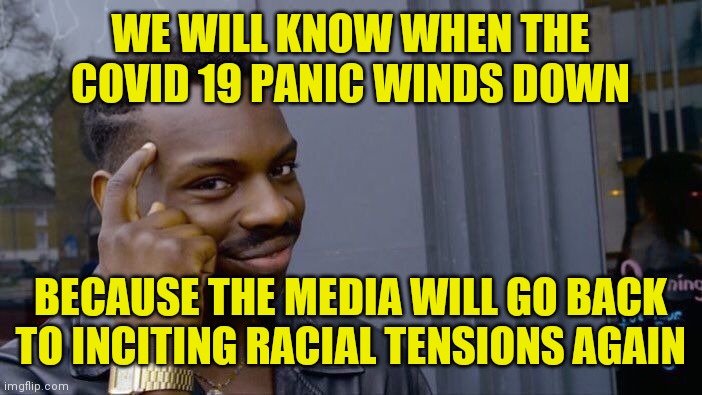 Wait for it.....Wait for it..... | WE WILL KNOW WHEN THE COVID 19 PANIC WINDS DOWN; BECAUSE THE MEDIA WILL GO BACK TO INCITING RACIAL TENSIONS AGAIN | image tagged in memes,roll safe think about it | made w/ Imgflip meme maker
