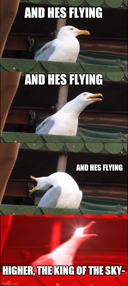 Inhaling Seagull Meme | AND HES FLYING; AND HES FLYING; AND HES FLYING; HIGHER, THE KING OF THE SKY- | image tagged in memes,inhaling seagull,sabaton,red baron | made w/ Imgflip meme maker