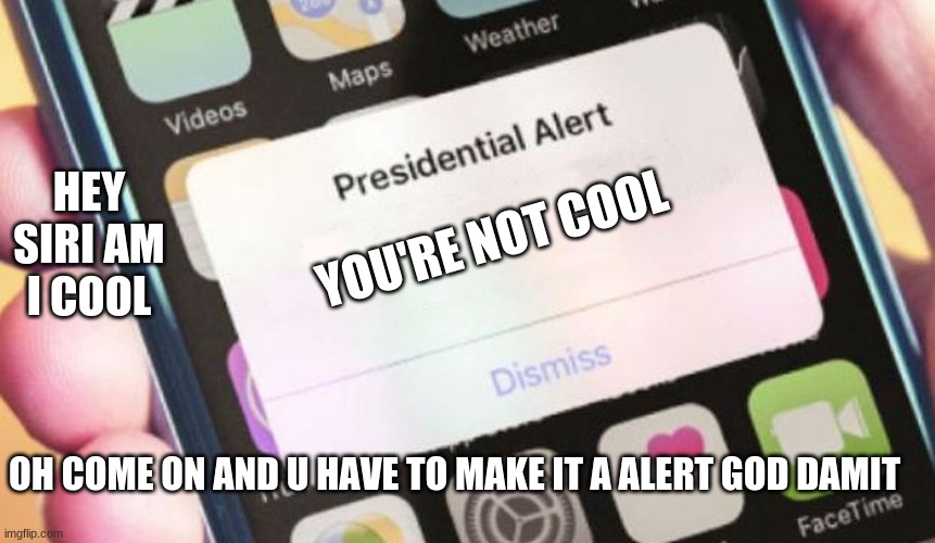 when I want to look cool but you're phone say you're not cool | HEY SIRI AM I COOL; YOU'RE NOT COOL; OH COME ON AND U HAVE TO MAKE IT A ALERT GOD DAMIT | image tagged in memes,presidential alert | made w/ Imgflip meme maker