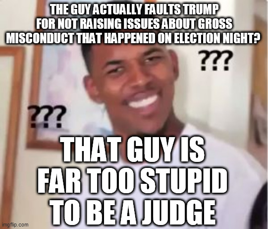 Nick Young | THE GUY ACTUALLY FAULTS TRUMP FOR NOT RAISING ISSUES ABOUT GROSS MISCONDUCT THAT HAPPENED ON ELECTION NIGHT? THAT GUY IS FAR TOO STUPID TO B | image tagged in nick young | made w/ Imgflip meme maker