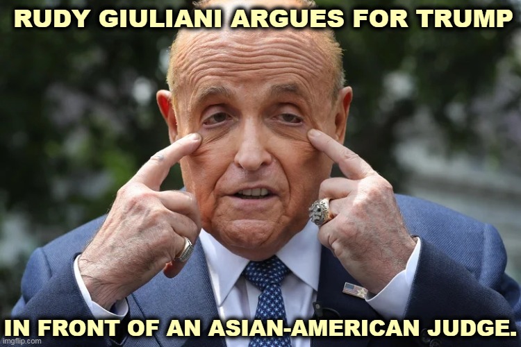 Drunk again? | RUDY GIULIANI ARGUES FOR TRUMP; IN FRONT OF AN ASIAN-AMERICAN JUDGE. | image tagged in trump,rudy giuliani,lawyer,drunk,bipolar,mess | made w/ Imgflip meme maker