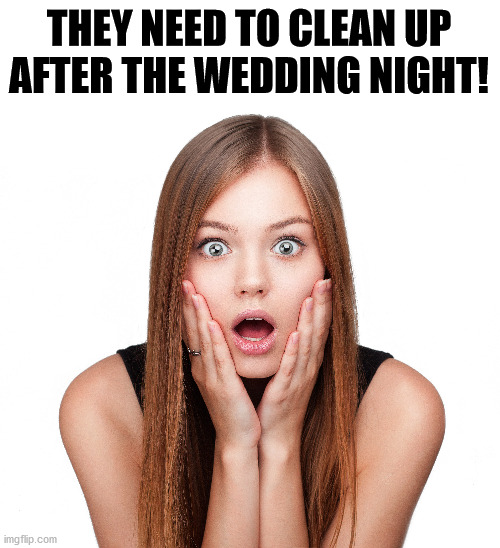 Craziness Shocked Female | THEY NEED TO CLEAN UP AFTER THE WEDDING NIGHT! | image tagged in craziness shocked female | made w/ Imgflip meme maker