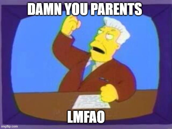 damn you | DAMN YOU PARENTS LMFAO | image tagged in damn you | made w/ Imgflip meme maker