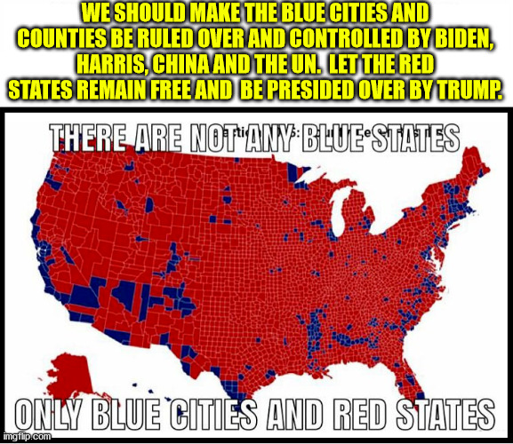 If we did this the blue areas would become deserted within a month. | WE SHOULD MAKE THE BLUE CITIES AND COUNTIES BE RULED OVER AND CONTROLLED BY BIDEN, HARRIS, CHINA AND THE UN.  LET THE RED STATES REMAIN FREE AND  BE PRESIDED OVER BY TRUMP. | image tagged in red states,blue cities,free america,socialist america | made w/ Imgflip meme maker
