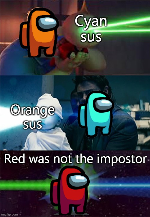 Laser Eyes Baby | Cyan sus; Orange sus; Red was not the impostor | image tagged in laser eyes baby,among us | made w/ Imgflip meme maker